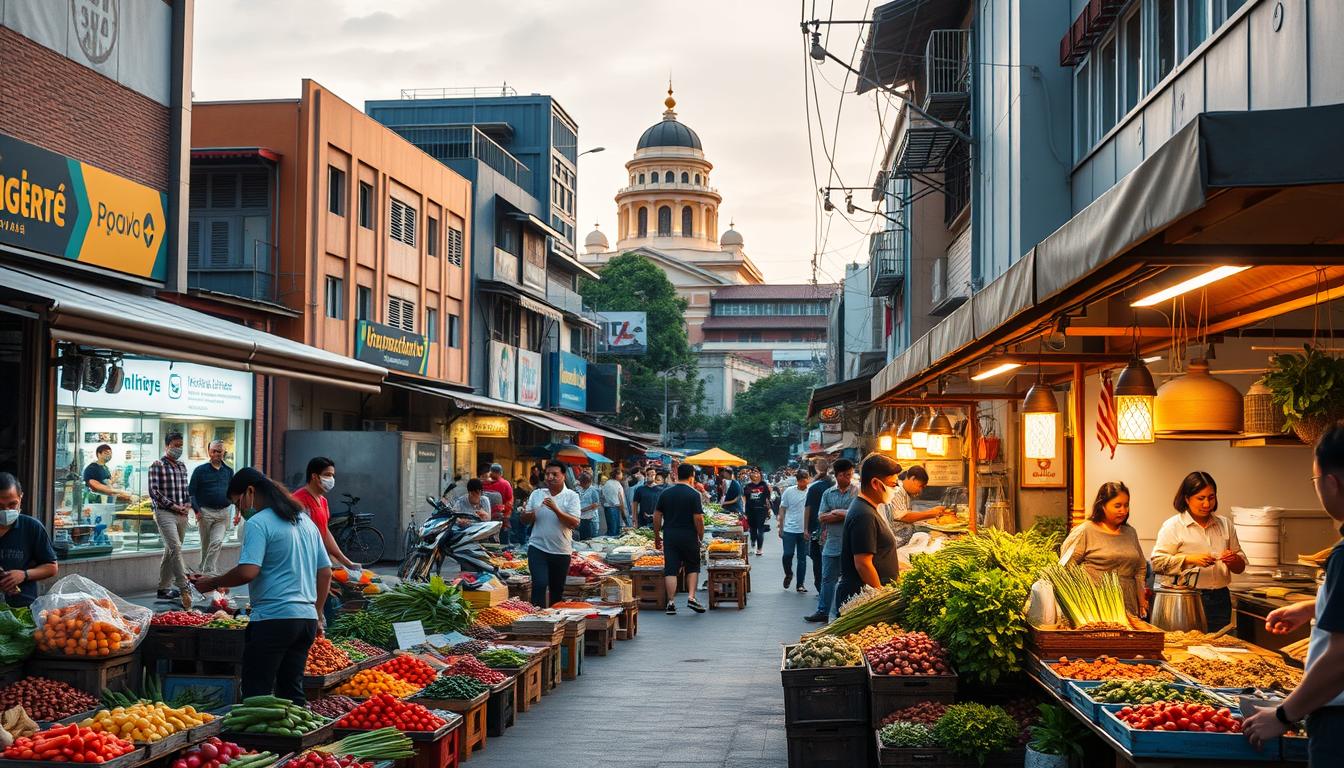 A bustling street in Depok, Indonesia, brimming with culinary innovation. In the foreground, a lively open-air market showcases an array of vibrant local produce and fragrant spices. Middle ground features chefs crafting unique fusion dishes, blending traditional Indonesian flavors with modern techniques. In the background, a mix of modern and heritage architecture sets the scene, bathed in warm, golden-hour lighting that accentuates the energy and dynamism of this culinary hub. The atmosphere is one of creativity, diversity, and a celebration of the region's rich gastronomic heritage.