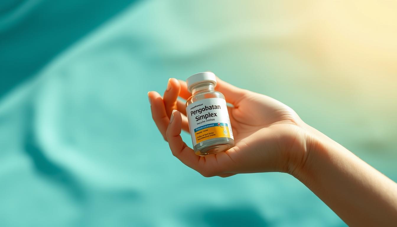 A tranquil scene of a human hand holding an antiviral medication bottle, set against a backdrop of soothing blues and greens. The lighting is soft and natural, casting a warm glow on the scene. The medication bottle is prominently displayed, its label clearly visible, conveying the idea of treating Herpes Simplex. The hand gesture suggests a sense of care and attention to the healing process. The overall composition is balanced and visually appealing, capturing the essence of the "Pengobatan Herpes Simplex" section.