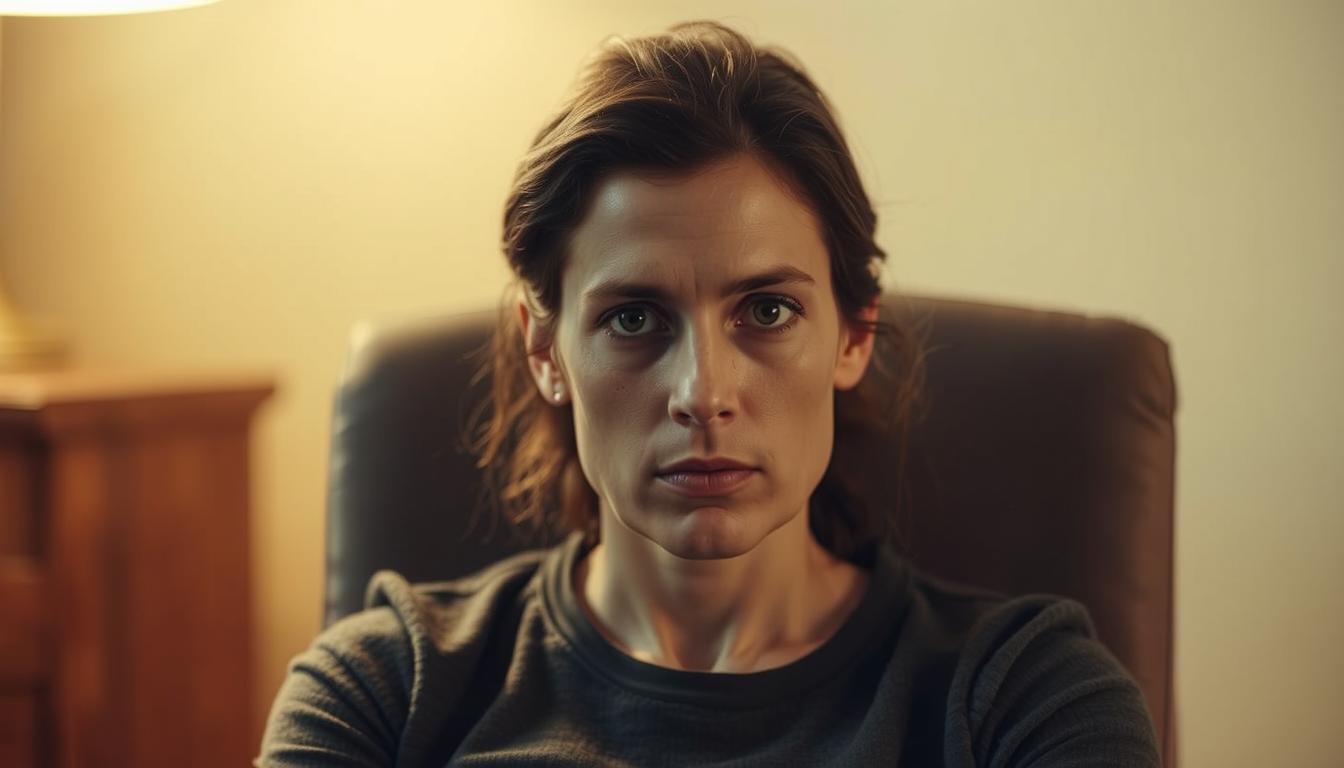 A person sitting on a chair, gazing intently with a pensive expression, as they recount their personal experience with the Exploding Head Syndrome. The lighting is soft and warm, creating an introspective atmosphere. The background is blurred, subtly hinting at the intimate setting of a counseling session or a private interview. The subject's face is the focal point, allowing the viewer to connect with the raw emotion and vulnerability conveyed through their eyes and facial features.