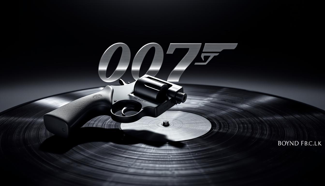 A sleek, high-contrast image of a Bond-themed soundtrack album cover. In the foreground, a silver-toned revolver lies atop a black vinyl record, casting dramatic shadows. In the middle ground, the iconic James Bond gun barrel logo is rendered in shimmering metallic hues, surrounded by bold, minimalist title text. The background is a moody, shadowy gradient, evoking the mysterious and sophisticated atmosphere of the Bond franchise. The lighting is cinematic, with dramatic highlights and deep shadows, evoking a sense of action and intrigue. The overall aesthetic is a seamless blend of classic Bond style and modern design.