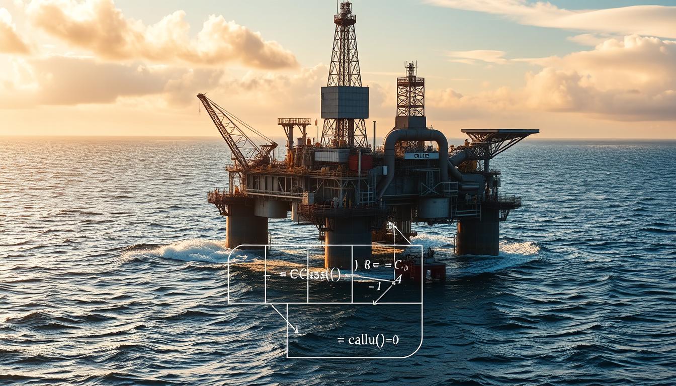 A dynamic oil rig surrounded by a serene ocean, with a detailed schematic of a calculus formula overlaying the scene. The rig's powerful machinery and intricate piping systems stand in contrast to the tranquil waters, hinting at the complex mathematical principles that govern the extraction and processing of crude oil. Warm, golden sunlight filters through wispy clouds, casting a soft glow on the scene. The overall composition conveys the vital role of calculus in the industrial success of the oil and gas industry.