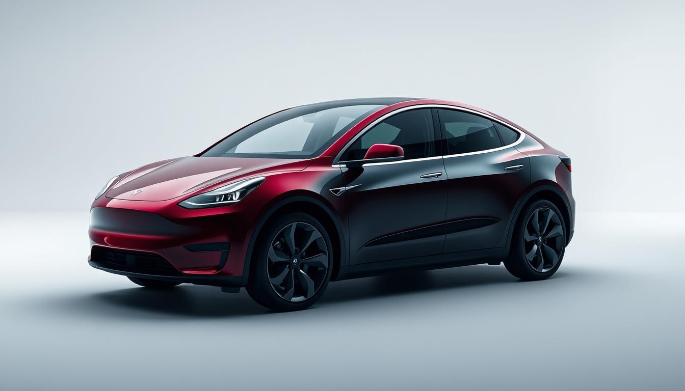 A sleek, high-quality exterior shot of a Tesla Model Y in various color options, showcasing the vehicle's modern and aerodynamic design. The image should capture the car in a well-lit, studio-like setting, with subtle reflections and shadows highlighting the contours and paint finishes. The foreground should feature the car in its entirety, with a clean, uncluttered background that allows the vehicle to be the focal point. The middle ground could include subtle elements like a clean, reflective surface or a simple geometric background to complement the car's design. The overall mood should convey a sense of sophistication, technology, and premium quality, reflecting the character of the Tesla Model Y.