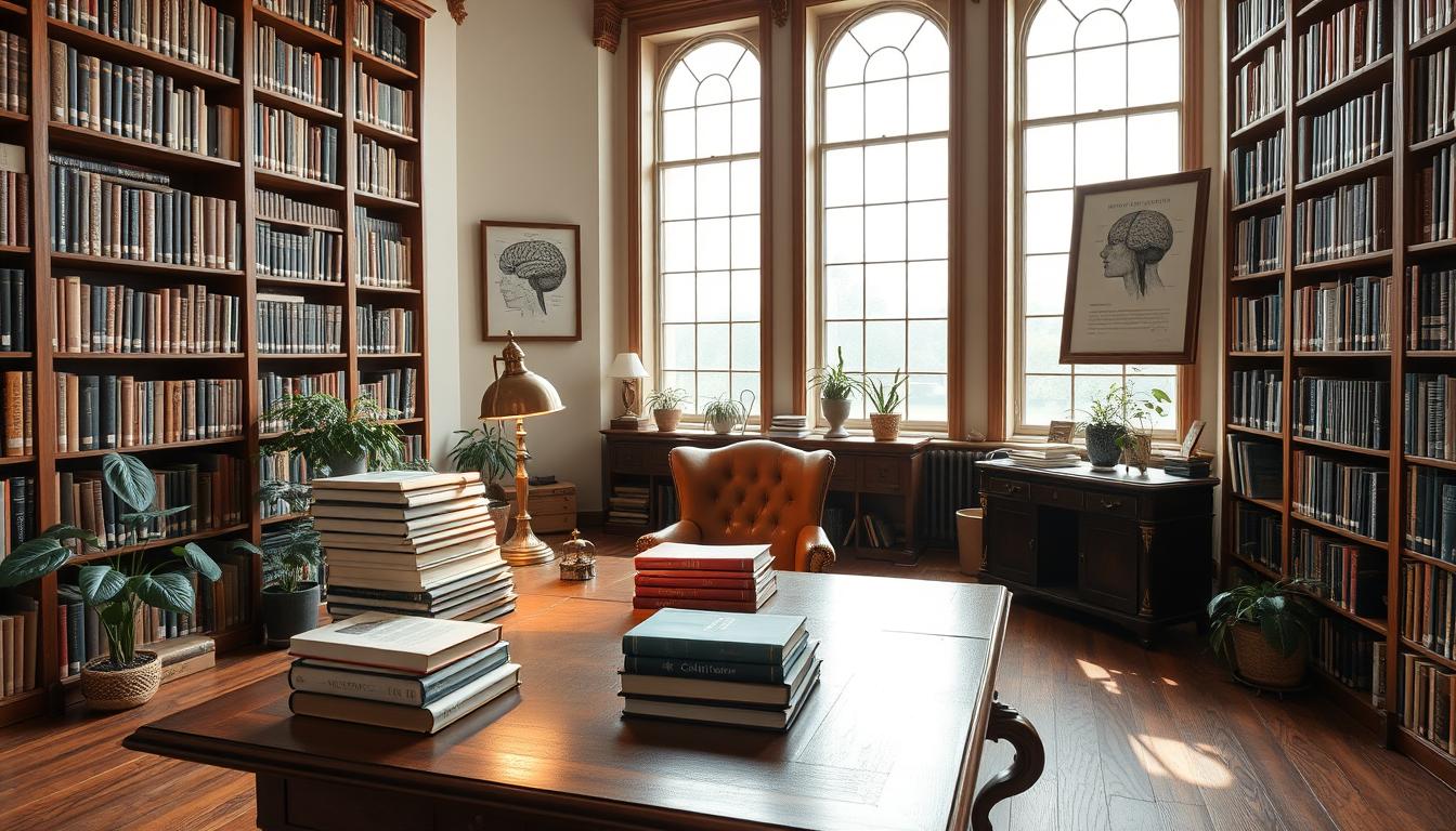 A serene library setting, with floor-to-ceiling bookshelves lining the walls. A large, antique wooden desk sits in the center, accompanied by a comfortable leather chair. On the desk, a stack of medical journals and reference books, along with a brass desk lamp casting a warm glow. The room is illuminated by natural light filtering through tall windows, creating a cozy and contemplative atmosphere. Potted plants and a framed anatomical diagram of the human brain add touches of nature and medical expertise. The overall scene conveys a sense of knowledge, research, and the resources available to understand and prevent stroke.