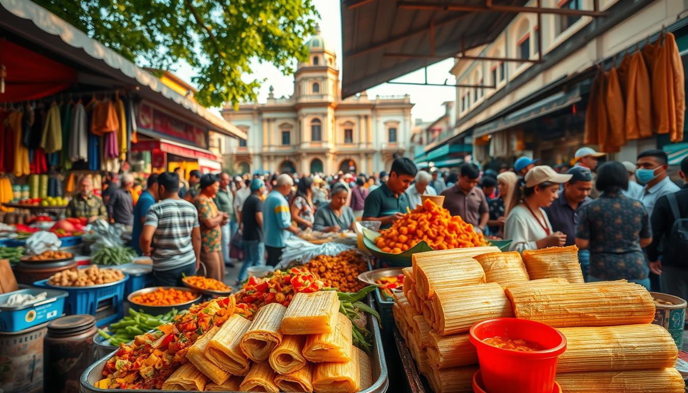 A bustling outdoor market in Salatiga, Indonesia, filled with an array of vibrant, mouthwatering local delicacies. In the foreground, a vendor's stall showcases a tempting display of savory Lontong Sayur, the region's signature rice cake dish, accompanied by an assortment of traditional vegetable curries and spicy sambal condiments. The middle ground reveals the crowd of eager customers haggling with the passionate sellers, who showcase their fresh produce and homemade specialties like Soto Ayam, a fragrant chicken soup. In the background, the historic buildings of Salatiga's city center provide a charming, time-honored backdrop, bathed in the warm, golden light of the afternoon sun. The overall scene radiates the vibrant energy and mouthwatering aromas of Salatiga's beloved local cuisine.