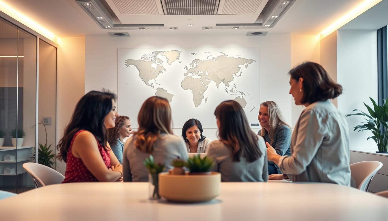 A pristine, modern office setting filled with a sense of purpose and community. In the foreground, a group of dedicated individuals gathered around a conference table, engaged in a thoughtful discussion. The lighting is warm and inviting, casting a soft glow on their faces as they collaborate on initiatives to support those affected by Progeria. In the middle ground, a large world map adorns the wall, highlighting the global reach of the organization. The background features sleek, minimalist decor, conveying a professional and well-organized atmosphere. The overall scene evokes a sense of hope, unity, and a shared mission to empower and uplift those facing the unique challenges of this rare condition.