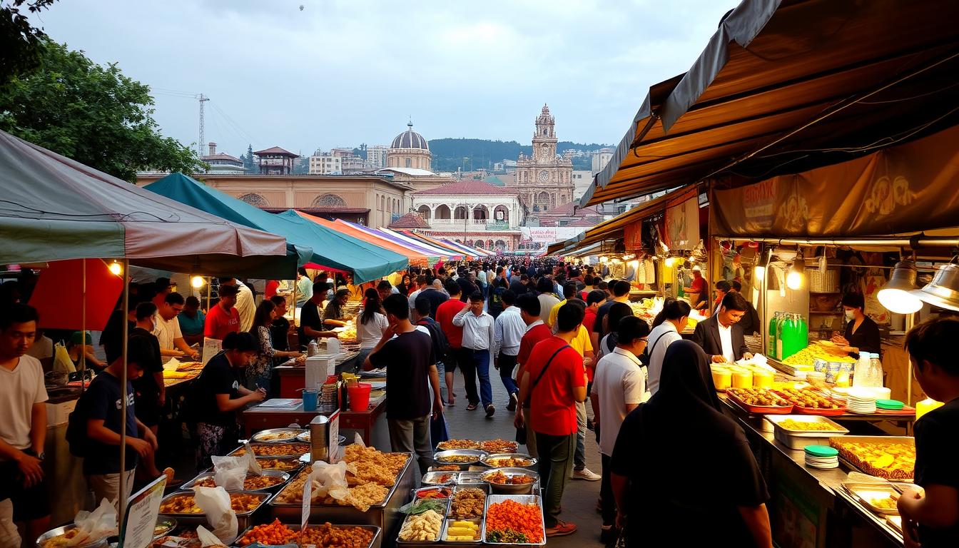 A lively outdoor food festival in the heart of Tegal, featuring an array of vibrant culinary stalls and lively local crowds. The foreground showcases a diverse spread of traditional Tegal dishes - from steaming plates of soto ayam and lontong kupang to sizzling kerang bakar and pisang goreng. In the middle ground, colorful umbrellas and tarpaulins shelter the bustling vendors, while in the background, the cityscape of Tegal's historic buildings and landmarks provide a scenic backdrop. Warm lighting casts a cozy, inviting atmosphere as people mingle, sample the flavors, and soak in the celebratory energy of this beloved regional food event.