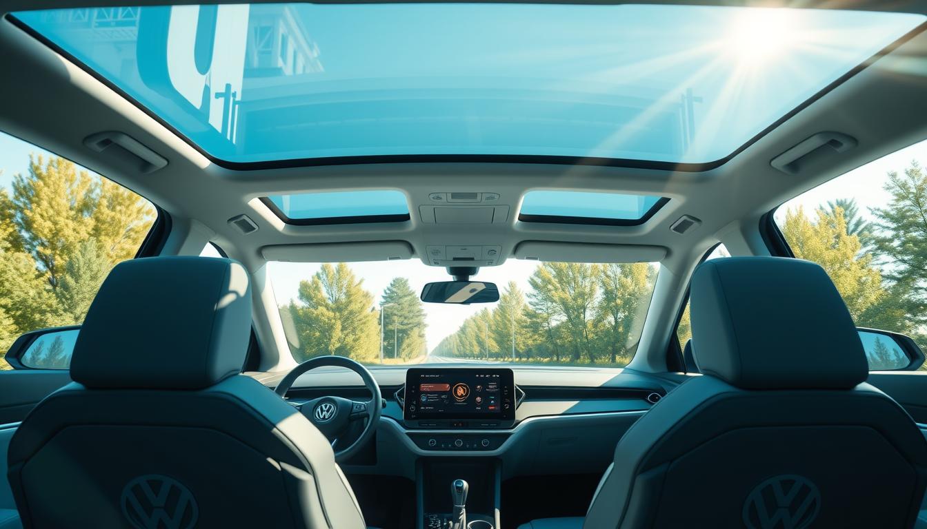 A modern, spacious interior of a Volkswagen ID.4 electric vehicle. The cabin is flooded with natural light, streaming through the panoramic glass roof. Sleek, minimalist dashboard design with a large, high-resolution touch screen display at the center. Comfortable, supportive seats upholstered in premium sustainable materials. Subtle ambient lighting accents the clean, uncluttered layout. The overall vibe is one of refined, technologically-advanced functionality, in tune with the ID.4's eco-friendly, futuristic nature. The image captures the essence of a premium, driver-focused electric car interior.