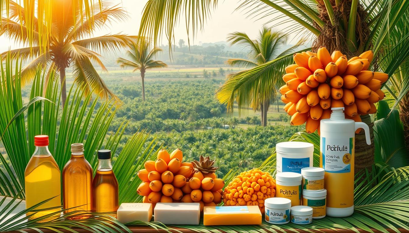 A lush, verdant scene depicting the diverse products derived from the oil palm tree. In the foreground, an array of palm oil products - bottles of cooking oil, bars of soap, and containers of cosmetic creams - arranged in a visually appealing display. The middle ground features bunches of fresh palm fruit, their vibrant orange hues gleaming under the warm, golden lighting. In the background, a sprawling oil palm plantation stretches out, its neatly-ordered rows of towering, frond-crowned trees suggesting the robust agricultural industry that supports Malaysia's thriving palm oil exports. The overall mood is one of abundance, prosperity, and the bountiful potential of this versatile cash crop.