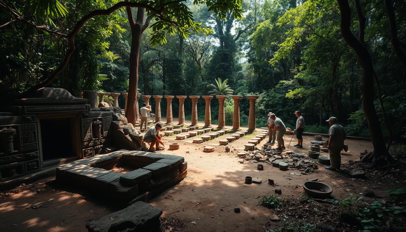 An ancient archaeological site in the lush Malaysian jungle, sunlight filtering through the dense foliage. In the foreground, a team of archaeologists carefully excavates a partially exposed stone structure, their brushes and trowels delicately revealing intricate carvings and symbols. In the middle ground, a series of weathered stone pillars and fragments of pottery lie scattered, hinting at the grandeur of a long-lost civilization. The background is a tapestry of verdant trees and vines, creating an atmosphere of mystery and discovery. The scene conveys a sense of reverence and wonder at uncovering the forgotten treasures of Malaysia's prehistoric past.