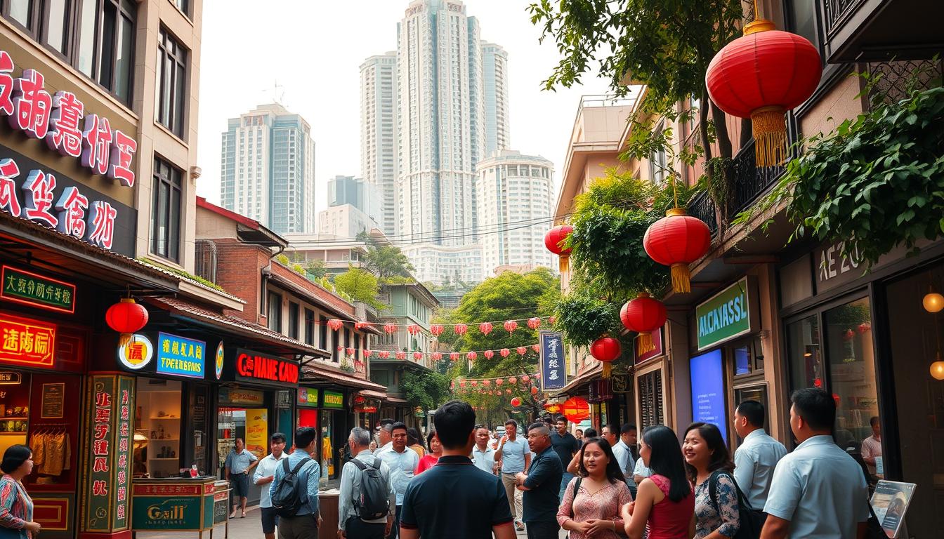 A bustling city street in Malaysia, lined with vibrant storefronts displaying Chinese characters, neon signs, and traditional lanterns. In the foreground, a group of locals engaged in lively conversation, gesturing animatedly. The middle ground features a mix of modern and historic architecture, blending seamlessly. In the background, towering skyscrapers and lush greenery create a dynamic urban landscape. The scene is bathed in a warm, golden light, casting a cozy and inviting atmosphere. The overall impression captures the rich heritage and enduring influence of Chinese culture within the multicultural fabric of Malaysia.
