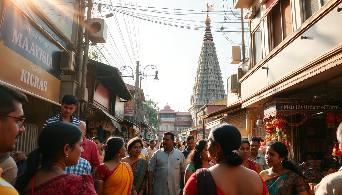 A crowded street in a bustling Malaysian city, the air thick with the aroma of spices and the vibrant colors of saris and kurtas. In the foreground, a group of people engaged in lively conversation, their faces animated with expression. In the middle ground, a small family-owned shop selling traditional Indian textiles and handicrafts, its facade adorned with intricate carvings and ornate patterns. In the background, a towering temple spire reaches up towards the sky, its intricate architecture a testament to the deep cultural integration between India and Malaysia. Warm, golden sunlight filters through the scene, casting a soft, dreamy glow over the entire tableau.