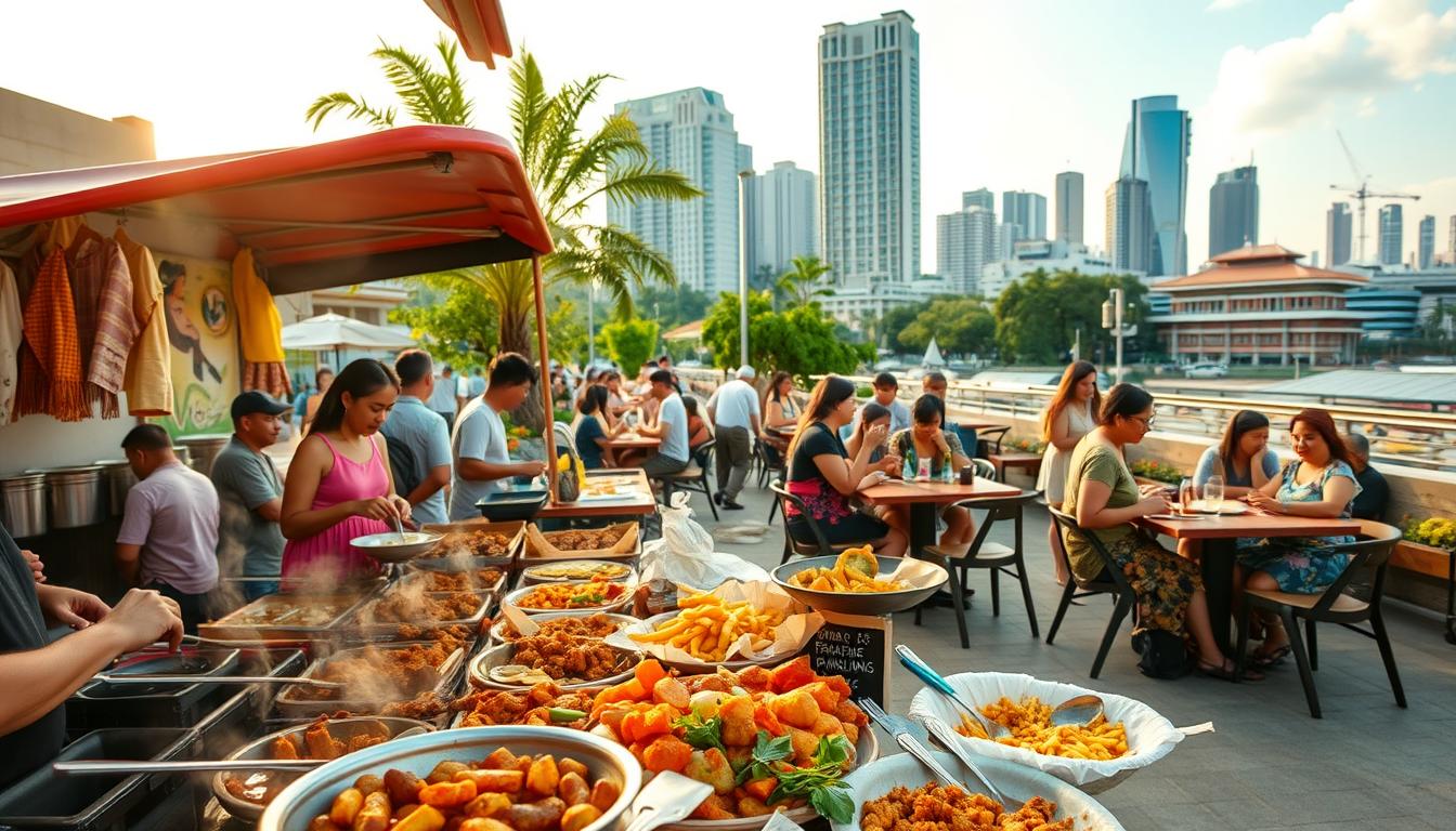A vibrant outdoor scene showcasing the diverse culinary influences that have shaped the Banjar cuisine beyond the borders of Kalimantan. In the foreground, a bustling food stall offers an array of sizzling Banjar delicacies, their savory aromas wafting through the air. In the middle ground, locals and visitors alike gather around shared tables, engaged in lively conversation as they savor the unique flavors. The background reveals a lively urban landscape, with towering skyscrapers and a blend of modern and traditional architecture, symbolizing the seamless integration of Banjar culinary traditions into the wider cultural tapestry. The scene is illuminated by warm, golden sunlight, evoking a sense of community, fusion, and the enduring allure of Banjar cuisine.