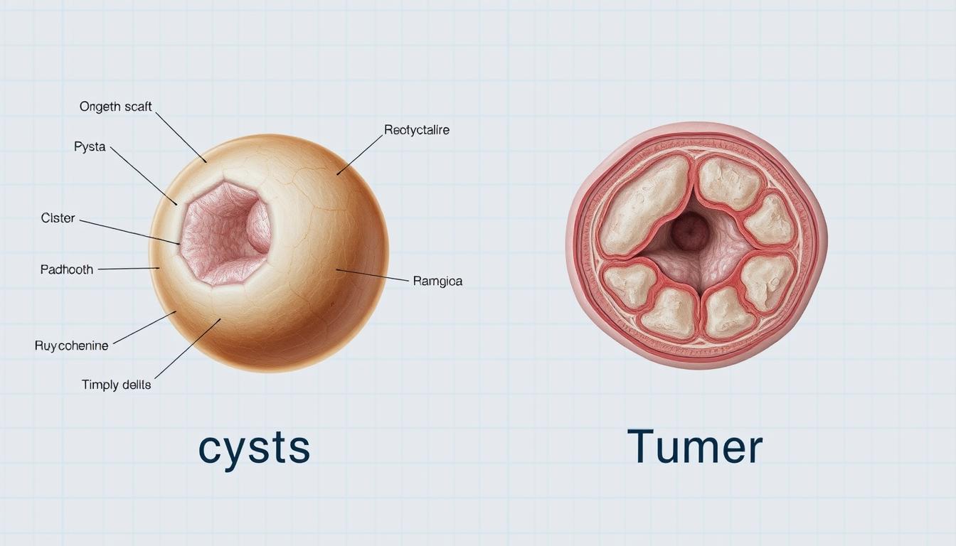 A detailed, side-by-side comparison of a cyst and a tumor, captured in a clinical, scientific illustration. The foreground shows the distinct anatomical structures of each growth, with precise labeling of key features. The mid-ground presents cross-sectional views to reveal internal composition, highlighted by soft, neutral lighting that emphasizes the differences in density and texture. The background features a subtle grid or graph paper pattern, conveying a sense of medical examination and analysis. The overall mood is calm, objective, and educational, suitable for inclusion in a medical article.
