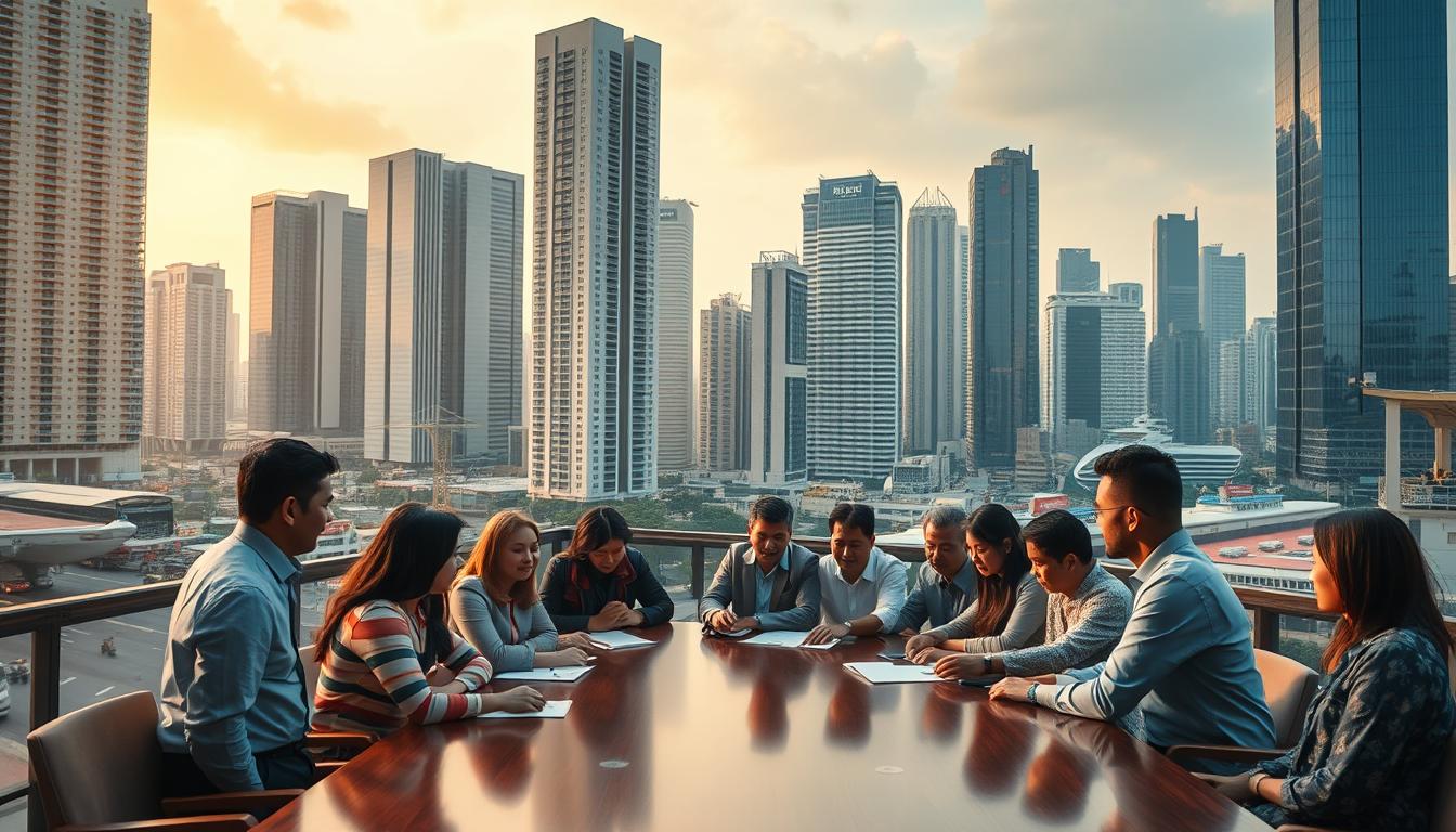 A bustling financial district with modern high-rise buildings, reflecting a vibrant economy and thriving small businesses. In the foreground, a group of diverse entrepreneurs gathered around a large mahogany table, discussing investment opportunities and available funding sources for their UMKM (Micro, Small, and Medium Enterprises). Soft, warm lighting illuminates the scene, conveying a sense of optimism and collaboration. The background features a cityscape with a mix of traditional and contemporary architecture, symbolizing the diverse landscape of Indonesia's small business landscape. The overall atmosphere is one of innovation, opportunity, and the dynamic potential of UMKM in this rapidly developing nation.