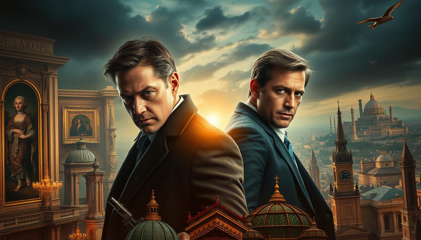 An intriguing heist narrative set against a global backdrop, with a renowned art thief, Nolan Booth, and an elite FBI agent, John Hartley, locked in a high-stakes game of cat and mouse. The alluring foreground features the charismatic leads, Booth and Hartley, engaged in a tense standoff, their expressions conveying the intensity of their conflict. The middle ground showcases the lavish settings they navigate, from opulent art galleries to picturesque locales, hinting at the intricate web of the story. In the distant background, a sense of scale and grandeur is evoked, with sweeping cityscapes and landscapes that underscore the global scale of their pursuit. Dramatic lighting and a cinematic lens capture the thrilling atmosphere, heightening the sense of adventure and the promise of an enthralling narrative.
