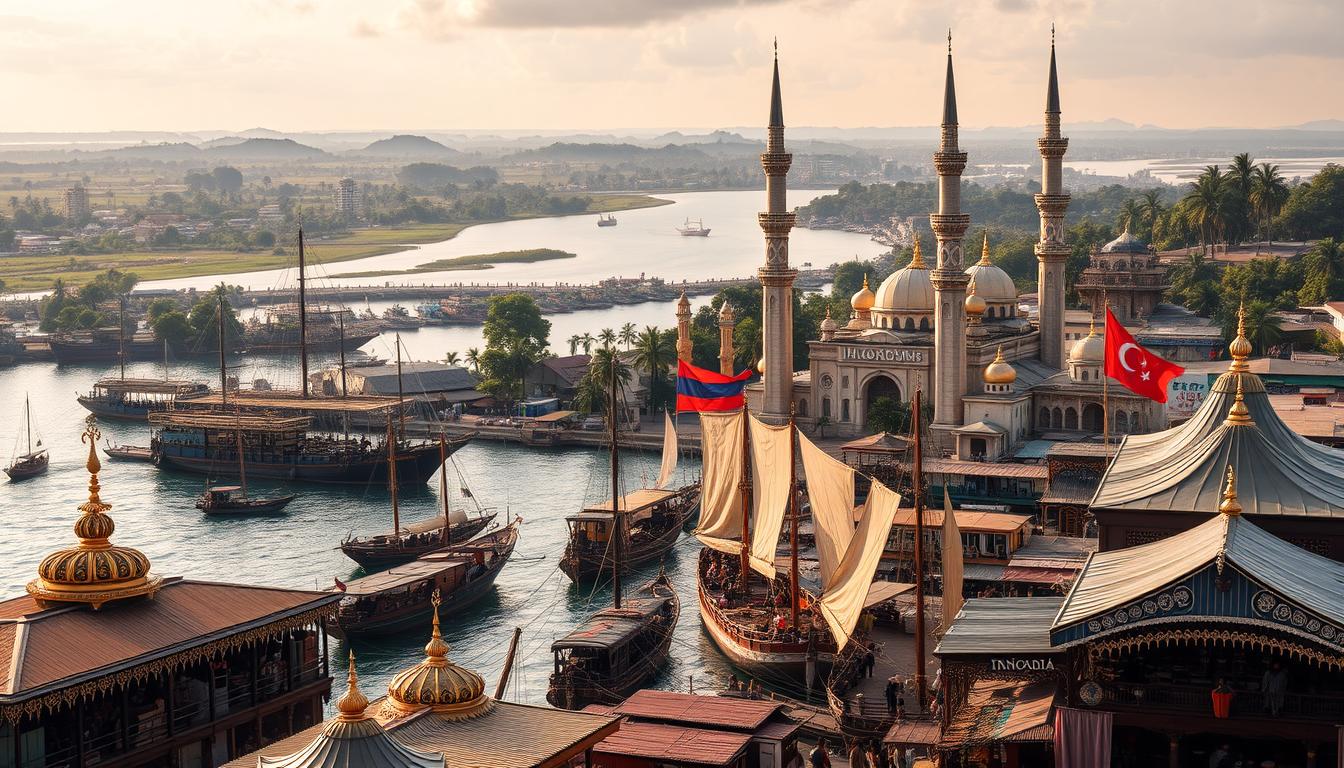 A bustling maritime trade route in the heart of the Indonesian archipelago, with ornate trading vessels from distant lands docking at a thriving port city. The foreground features intricate spice and textile markets, the air thick with the aroma of exotic wares. In the middle ground, towering minarets and domes of grand mosques stand as symbols of the burgeoning Islamic faith, their gilded crescents reflecting the warm afternoon sun. The background reveals a panoramic vista of lush tropical landscapes, where gentle rivers flow into the open sea. The scene conveys a palpable sense of cultural exchange, economic prosperity, and the pivotal role of trade in the spread of Islam across the Nusantara region.