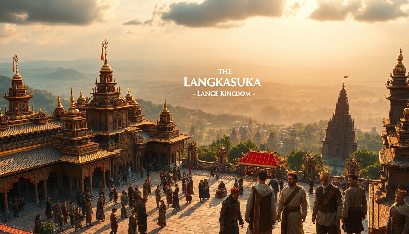 A sprawling medieval kingdom, Langkasuka, stands against a vibrant landscape. In the foreground, ornate palace structures with intricate carvings and gilded details rise majestically. Merchants and diplomats from distant lands gather in the bustling courtyard, their exotic garments and wares reflecting the kingdom's wide-reaching international connections. In the middle ground, a delegation of foreign emissaries, their features and dress indicating their diverse origins, engage in animated discussions with Langkasukan officials. The background showcases a panoramic view of the realm, its lush forests, and distant mountains hinting at the extent of the kingdom's influence and prosperity. Warm, golden light filters through the scene, imbuing it with a sense of grandeur and historical significance.