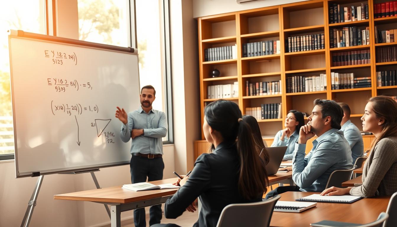 A classroom setting with a group of business professionals engaged in a mathematics lesson. In the foreground, a teacher stands at a whiteboard, explaining a complex financial equation using dynamic hand gestures. The students, seated at modern desks, are intently focused, their expressions reflecting deep concentration. Warm, natural lighting filters in through large windows, casting a soft glow over the scene. The background features bookshelves filled with finance-related texts, underscoring the academic nature of the environment. An air of professionalism and dedication permeates the space, highlighting the importance of mathematical education for business success.