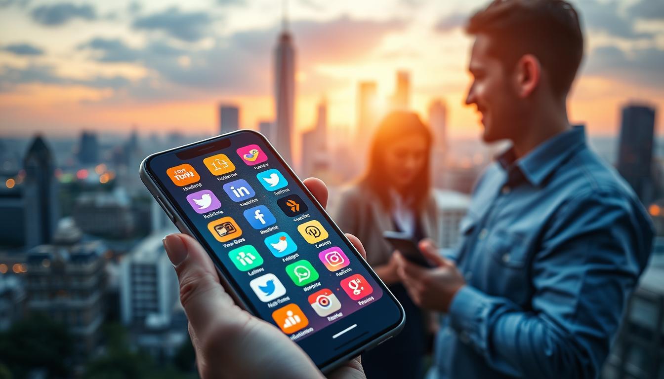 A vibrant digital landscape showcasing the power of social media for small and medium enterprises (SMEs). In the foreground, a smartphone screen displays various social media platforms, each icon bursting with dynamic colors and intuitive interfaces. In the middle ground, SME owners and employees collaborate, sharing ideas and engaging with their digital communities. The background features a cityscape, representing the urban hubs where SMEs thrive, with skyscrapers and sleek infrastructure hinting at the technological advancements empowering their growth. Soft, warm lighting illuminates the scene, conveying a sense of optimism and opportunity. The overall composition suggests the seamless integration of social media into the daily operations and marketing strategies of SMEs, unlocking new avenues for expansion and success.