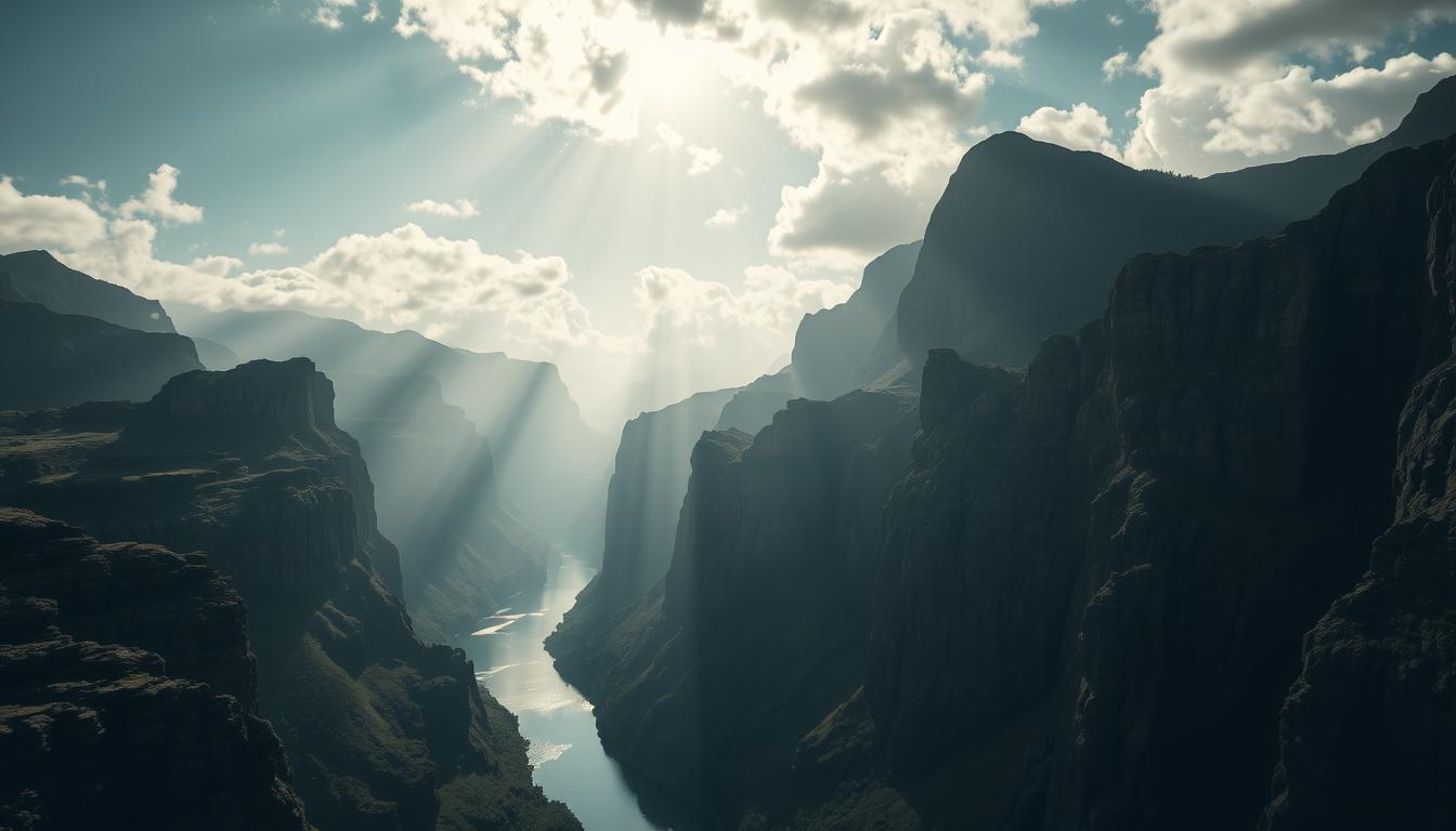 A cinematic landscape of The Gorge, framed with a wide-angle lens to capture the towering, rugged cliffs that plunge into a deep, winding river below. Sunlight streams through scattered clouds, casting dynamic shadows and highlights across the rocky terrain. The camera angle tilts slightly upward, emphasizing the scale and grandeur of the natural setting. A moody, atmospheric haze adds depth and mystery, while the reflective waters of the river mirror the dramatic silhouettes of the surrounding peaks. The overall composition exudes a sense of awe-inspiring beauty and cinematic wonder, perfectly capturing the visual style and cinematography of "The Gorge" film.