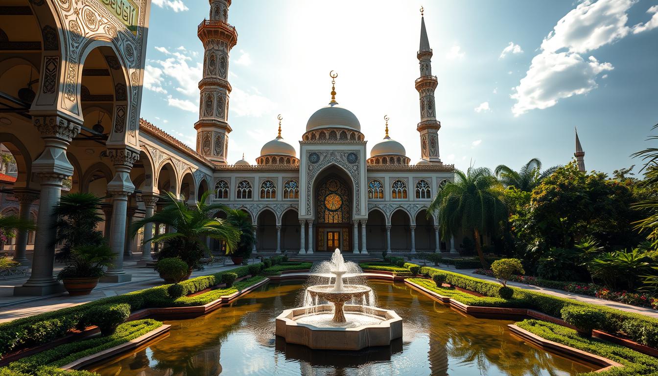 A grand Arabian-influenced mosque rises majestically against a backdrop of lush, verdant gardens. Intricate arches and minarets, adorned with ornate Islamic calligraphy and geometric patterns, cast long shadows across the ornamental ponds and fountains below. Sunlight filters through the colorful stained-glass windows, bathing the ornate interior in a warm, golden glow. Harmonious elements of Moorish, Persian, and Malay design seamlessly blend, creating a captivating synthesis of cultural influences that define the unique architectural heritage of Malaysia.