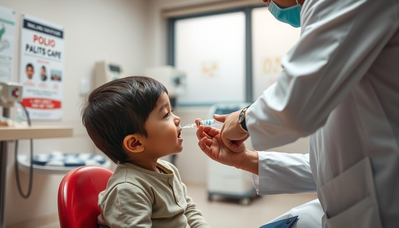 A well-lit clinical setting, with a healthcare worker administering an oral polio vaccine to a young child. The child sits calmly, as the doctor gently places the dropper in their mouth. In the background, medical equipment and informational posters provide a sense of professionalism and care. Soft lighting and muted tones create a serene atmosphere, conveying the importance of proper polio treatment and prevention. The composition focuses on the gentle interaction between the healthcare provider and patient, highlighting the compassionate approach to polio management.