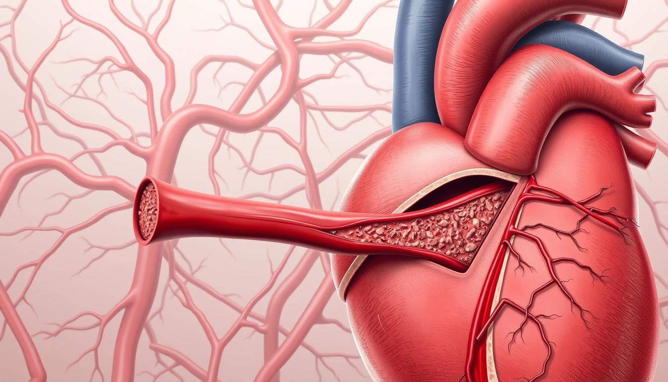 A detailed medical illustration depicting the anatomy and physiology of coronary heart disease. In the foreground, a cross-section of the heart showcases a narrowed coronary artery obstructed by plaque buildup. The middle ground highlights the impact on blood flow, with streams of oxygenated blood struggling to reach the myocardium. In the background, a network of blood vessels illustrates the complexity of the cardiovascular system. The artwork conveys a sense of educational clarity, using a clean, technical style with muted colors and precise linework to accurately represent this common but serious cardiovascular condition.