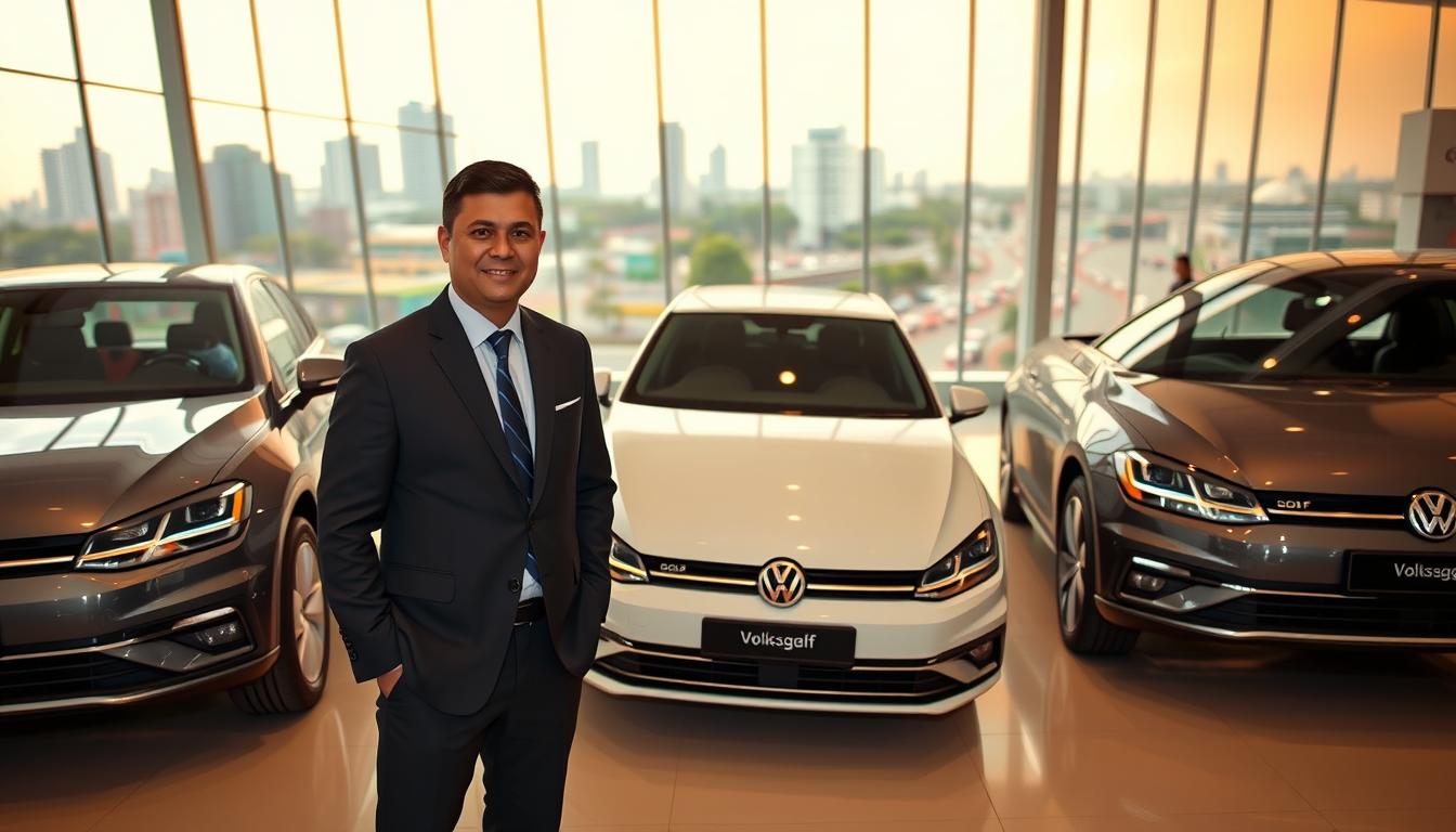 Dealer Resmi Volkswagen Golf, a prominent showroom in a bustling Indonesian city. Sleek, modern architecture with floor-to-ceiling glass panels showcases the latest Volkswagen Golf model. Pristine vehicles gleam under warm, diffused lighting, inviting potential customers to explore. In the foreground, a salesperson in a crisp suit stands ready to assist, their warm smile and attentive demeanor reflecting Volkswagen's commitment to exceptional customer service. The middle ground features a display of Golf variants, each meticulously detailed, highlighting the model's distinctive design and advanced features. The background depicts a lively urban landscape, with skyscrapers and traffic, contextualizing the showroom within the vibrant Indonesian market. An atmosphere of professionalism, innovation, and accessibility pervades the scene, showcasing Volkswagen's strong presence and the availability of the latest Golf model in the country.