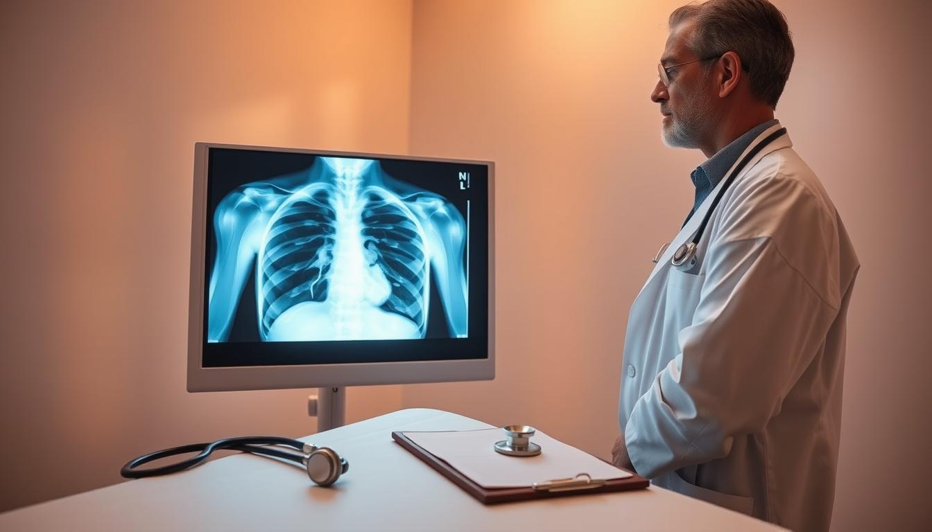 A well-lit medical examination room with a white coat-clad doctor standing beside an x-ray light board displaying a detailed chest x-ray. The doctor is examining the x-ray, brow furrowed in concentration. In the foreground, a stethoscope and a clipboard with diagnostic notes lie on a clean, sterile examination table. The room is bathed in a warm, clinical lighting that highlights the doctor's thoughtful expression and the detailed anatomical structures visible on the x-ray. The atmosphere conveys a sense of careful, professional evaluation of a potential tuberculosis diagnosis.