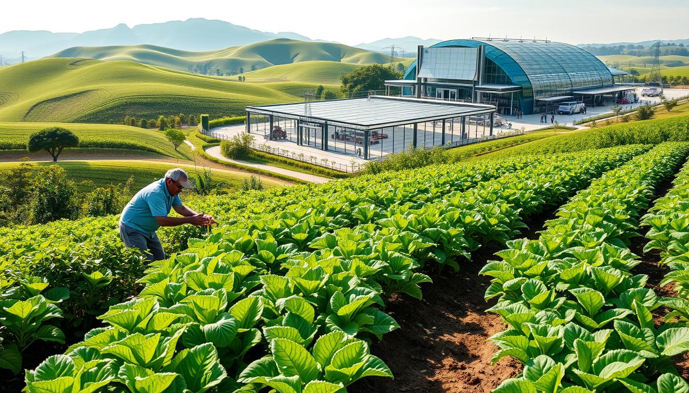 A lush, verdant agricultural landscape with rolling hills and thriving crop fields. In the foreground, a farmer carefully tending to a row of vibrant, healthy produce using advanced farming implements. In the middle ground, a state-of-the-art greenhouse with automated irrigation and climate control systems. In the background, a futuristic agricultural research facility with various high-tech equipment and machinery. Bright, warm sunlight casts a glow over the scene, conveying a sense of progress and innovation within the modern Malaysian plantation sector.