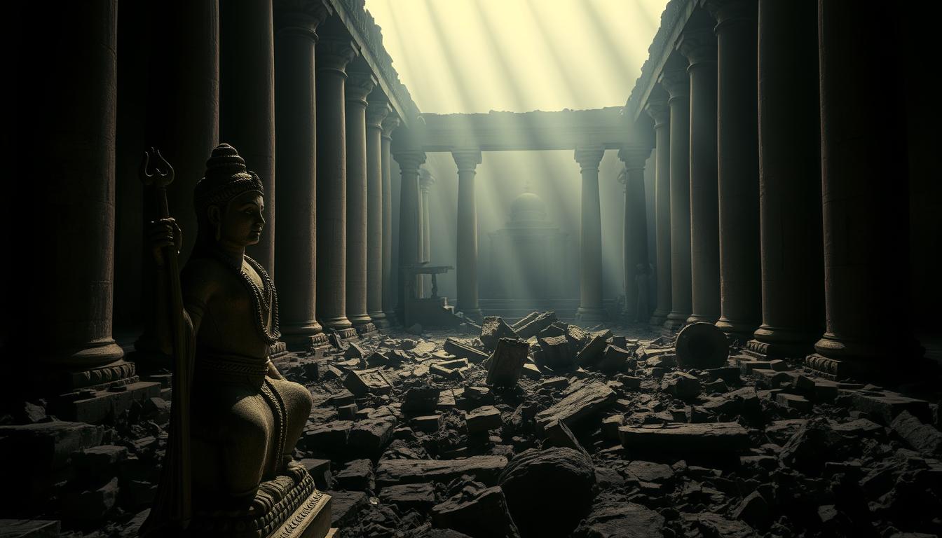 A dimly lit, cavernous hall, its towering stone columns cast long shadows across the crumbling ruins. In the foreground, a weathered statue of a Hindu deity stands resolute, its features worn by the passage of time. The middle ground reveals fallen architectural fragments, once the grandeur of a mighty kingdom, now reclaimed by nature. The background is shrouded in a hazy, melancholic atmosphere, hinting at the gradual decline of a once-thriving civilization. Soft, dramatic lighting illuminates the scene, evoking a sense of melancholy and the fleeting nature of earthly power. The overall composition conveys the somber demise of a great Hindu-Buddhist empire.