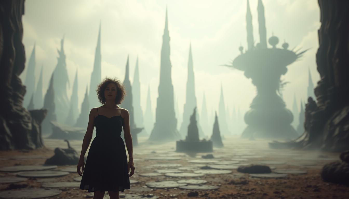 A surreal landscape where the boundaries between reality and imagination blur. In the foreground, a figure appears distorted, their limbs elongated and twisted, as if experiencing a disorienting visual anomaly. The background is a dreamlike environment, with towering, fantastical structures and shifting patterns of light and shadow, conveying a sense of unease and disorientation. Soft, ethereal lighting casts a hazy, atmospheric glow, while a subtle depth of field emphasizes the subject's isolation. The overall mood is one of unsettling wonder, capturing the essence of the Alice in Wonderland syndrome.