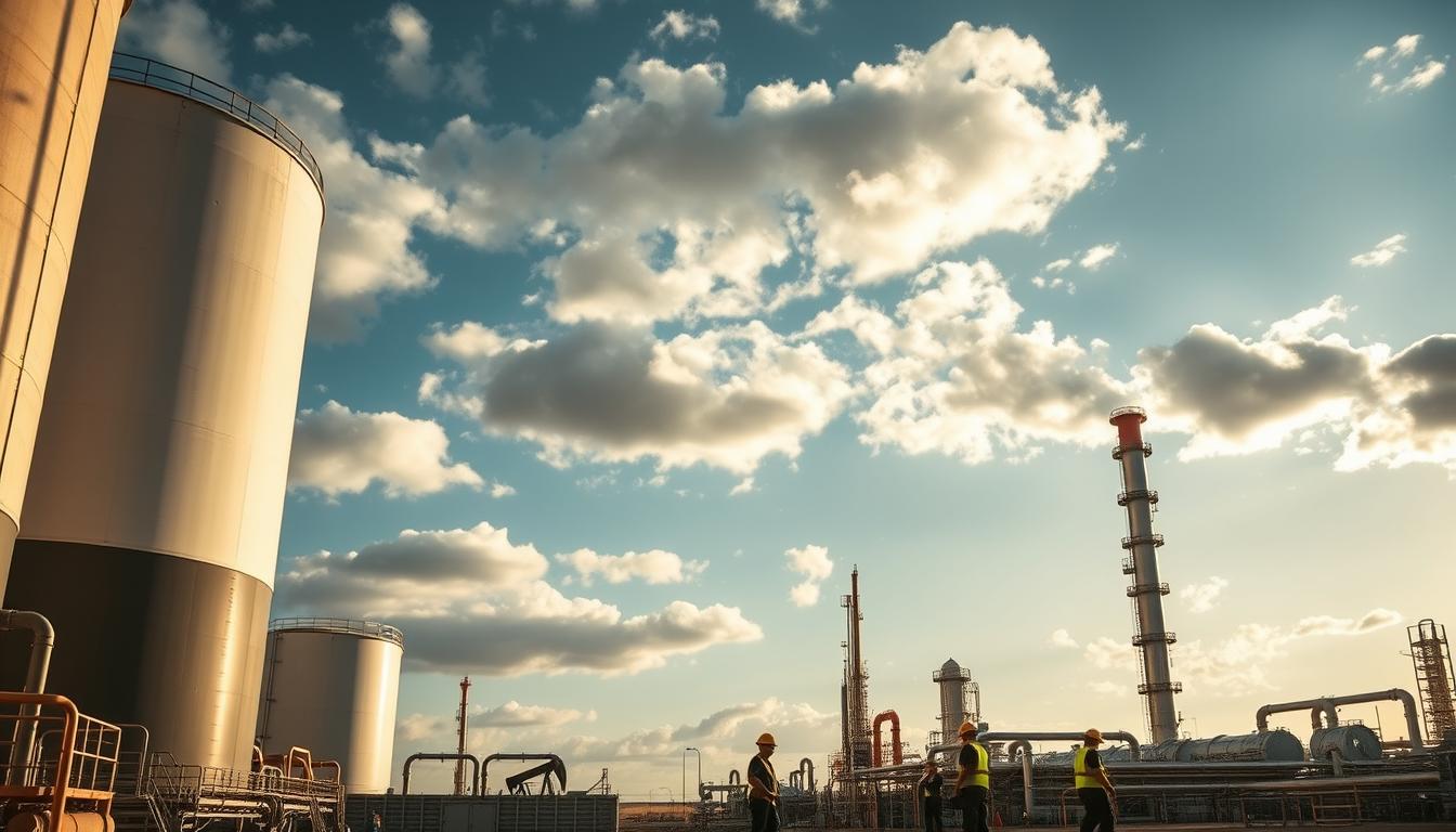 An oil refinery plant in the foreground, with towering storage tanks, pipelines, and machinery against a backdrop of a partially cloudy sky. The scene is illuminated by warm afternoon sunlight, casting long shadows and creating a sense of depth and scale. In the middle ground, a team of workers in hard hats and reflective vests perform maintenance checks on the equipment, highlighting the human element involved in the industrial process. The overall composition conveys the complex and technical nature of the oil industry, while also suggesting the importance of careful analysis and planning to ensure the success of energy projects.