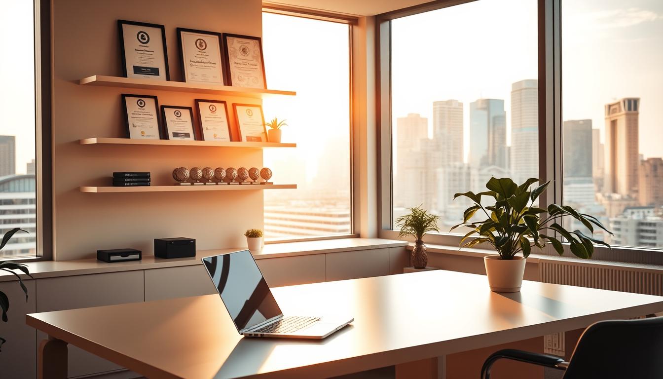 A professional service provider's office, bathed in warm, natural lighting filtering through large windows. The foreground features a minimalist, contemporary desk with a laptop, pen, and a potted plant, conveying a clean, organized atmosphere. In the middle ground, shelves display various certifications and awards, highlighting the provider's expertise and credentials. The background showcases a city skyline, suggesting a thriving, urban environment conducive to professional services. The overall scene exudes a sense of competence, efficiency, and a forward-thinking approach to the delivery of high-quality services.
