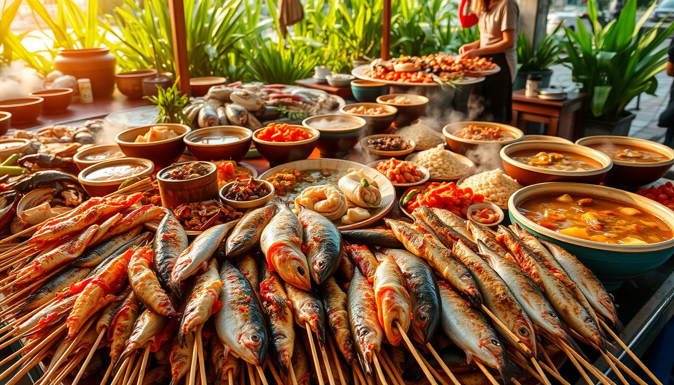 A vast, colorful spread of traditional Gorontalo seafood delicacies, captured under warm, golden lighting. In the foreground, a generous assortment of grilled, skewered fish and shellfish, the tender meat glistening with savory marinades. In the middle ground, steaming bowls of fragrant seafood stews, the rich broth swimming with chunks of fish and tender vegetables. In the background, a vibrant array of freshly caught seafood, displayed on rustic wooden tables, surrounded by the lush, verdant foliage typical of the Gorontalo region. The scene exudes a sense of abundance, tradition, and the bounty of the local waters, inviting the viewer to indulge in this flavorful culinary heritage.