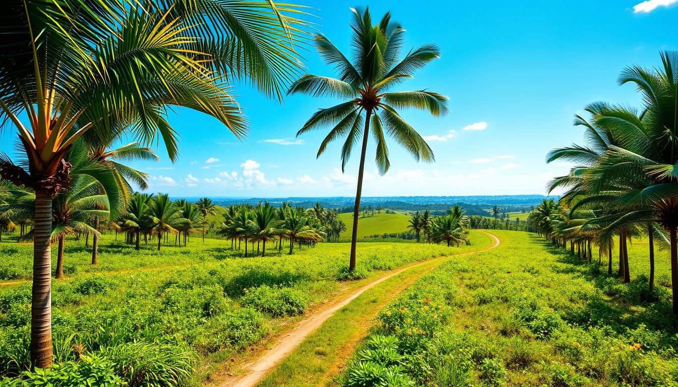 A lush, tropical palm oil plantation stretches across the rolling hills, its emerald fronds swaying gently in the warm breeze. Rows of towering palm trees stand tall, their trunks reaching towards the cloudless azure sky. The ground is carpeted with a soft, verdant carpet of undergrowth, dotted with the bright yellow blooms of the palm flowers. Sunlight filters through the canopy, casting a warm, golden glow over the scene. In the distance, a winding dirt road leads through the plantation, offering a glimpse of the serene, pastoral landscape beyond. The overall atmosphere evokes a sense of tranquility and abundance, perfectly capturing the essence of a thriving Malaysian palm oil estate.