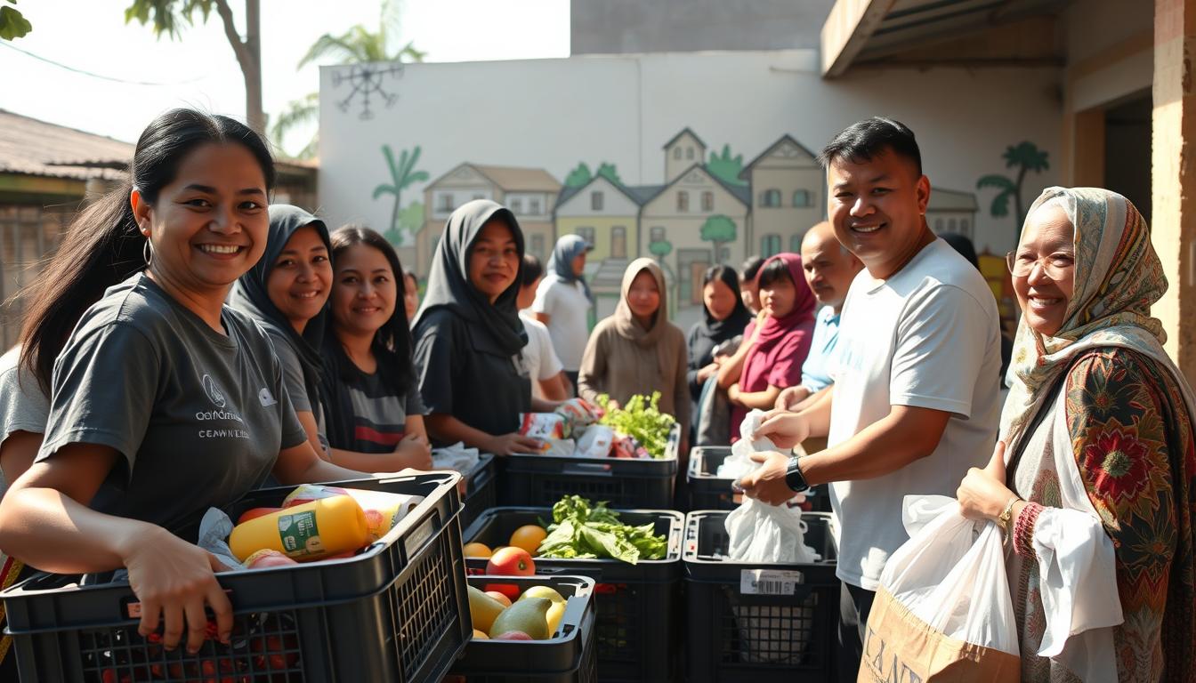 A warm, sun-dappled scene of a community food donation program in Indonesia. In the foreground, a group of smiling volunteers unload crates of fresh produce and pantry staples. The mid-ground shows a line of local residents gratefully receiving the donations, their expressions hopeful. In the background, a simple yet vibrant mural depicts a thriving community, conveying the positive impact of the program. Soft, diffused lighting creates a sense of compassion and generosity. Shot with a wide-angle lens to capture the full scope of the event, emphasizing the collaborative spirit.