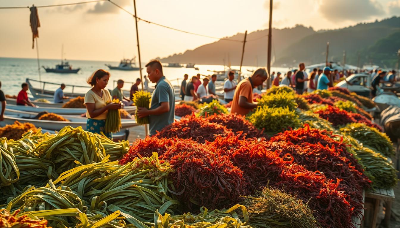 A bustling market scene showcasing the thriving seaweed farming industry in Indonesia. In the foreground, a vibrant display of freshly harvested seaweed in various hues of green and red, neatly arranged on wooden stalls. Middle ground captures buyers and sellers haggling over prices, their faces alight with the energy of commerce. In the background, a picturesque seaside landscape with fishing boats bobbing on the waves and lush, verdant hills rising in the distance. Warm, golden sunlight filters through, casting a serene glow over the entire scene. The atmosphere conveys the prosperity and importance of the seaweed farming sector to the local economy.