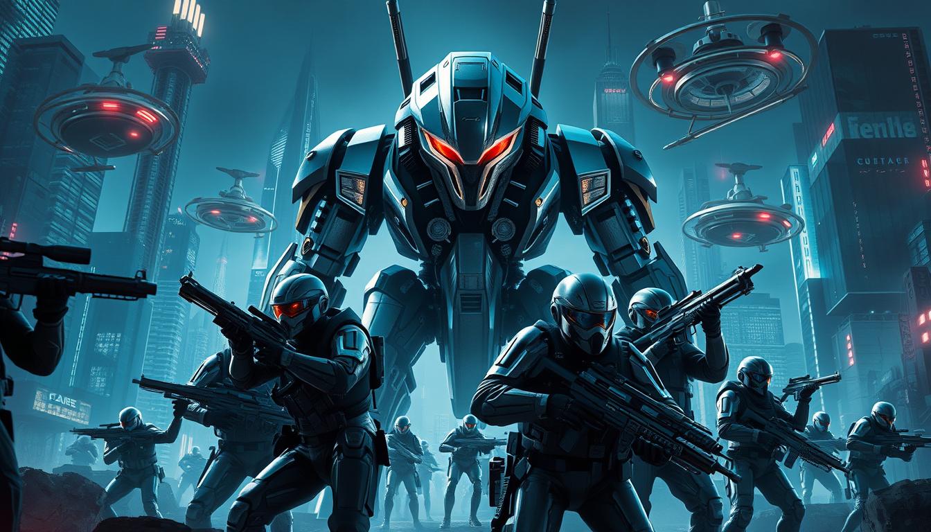 A visually striking sci-fi action scene depicting the highly anticipated sequel to the 2021 blockbuster "Red One". In the foreground, a team of futuristic-looking soldiers wielding advanced weaponry and protective gear, poised for combat. The middle ground features a towering, chrome-plated mech suit, its eyes glowing with an ominous energy. In the background, a dystopian cityscape of towering skyscrapers and swirling hover vehicles, bathed in a moody, neon-tinged lighting. The overall atmosphere conveys a sense of high-stakes, cinematic drama and the promise of thrilling spectacle to come in this eagerly awaited sequel.