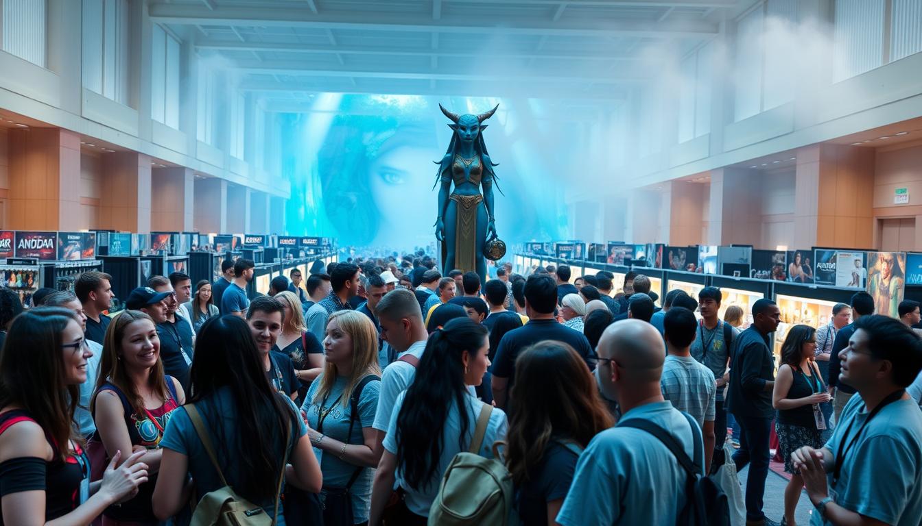 A bustling community gathering of devoted Avatar fans, gathered in a spacious, well-lit convention hall. In the foreground, a group of costumed enthusiasts animatedly discussing the latest movie developments, their faces aglow with excitement. Further back, rows of vendor booths showcase an array of Avatar-themed merchandise, from collectible figurines to vibrant movie posters. The middle ground is alive with the energy of fans browsing, networking, and posing for photos in front of a towering, 3D-printed statue of the iconic Na'vi warrior Neytiri. The background evokes the lush, bioluminescent forests of Pandora, with softly diffused lighting and misty, atmospheric effects, creating a sense of immersion in the world of Avatar.