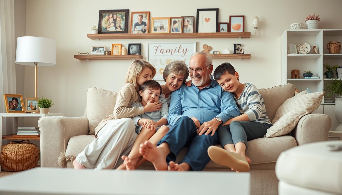 A warm, inviting family gathering in a cozy living room setting. In the foreground, a group of family members - a mother, father, and children - sitting closely together on a plush sofa, embracing and offering comfort and support to one another. The middle ground showcases family photographs, mementos, and personal trinkets, reflecting the love and history shared within this close-knit unit. The background features soft, diffused lighting, creating a peaceful, calming atmosphere that emphasizes the sense of security and belonging within the family. The overall scene conveys the powerful role of family in providing emotional, physical, and practical support during times of illness or adversity.