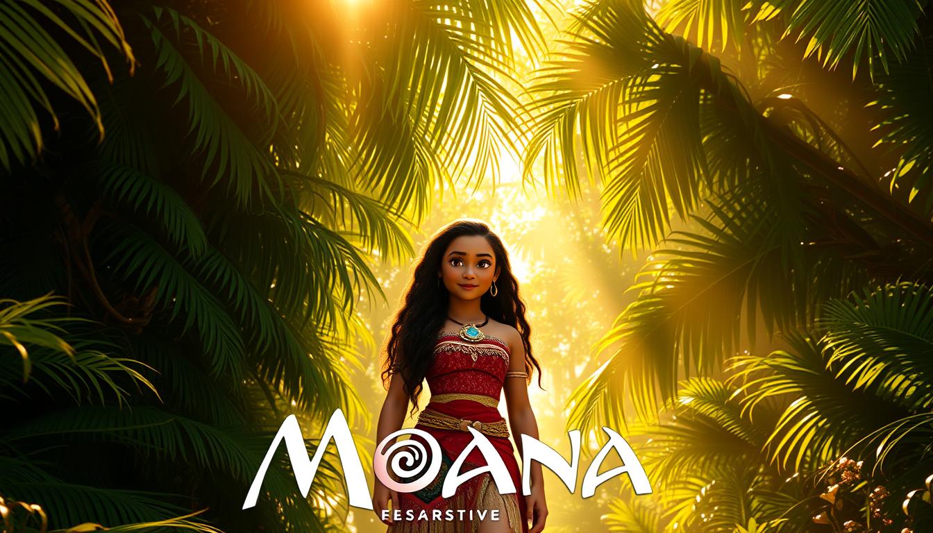 A vibrant, hyper-realistic rendering of a film trailer for the upcoming movie "Moana 2". Set against a backdrop of lush, verdant tropical foliage, the trailer takes center stage, showcasing striking visuals and dynamic camerawork. Sunlight filters through the canopy, casting warm, golden hues across the screen. In the foreground, the iconic Moana character appears, her eyes filled with determination and her stance exuding a sense of adventure. The trailer's composition is carefully balanced, drawing the viewer's attention to the key elements - the sweeping landscapes, the captivating character, and the promise of an epic new chapter in the beloved franchise. The overall mood is one of excitement, anticipation, and the thrilling promise of a cinematic experience that will transport audiences to the enchanting world of Moana once more.