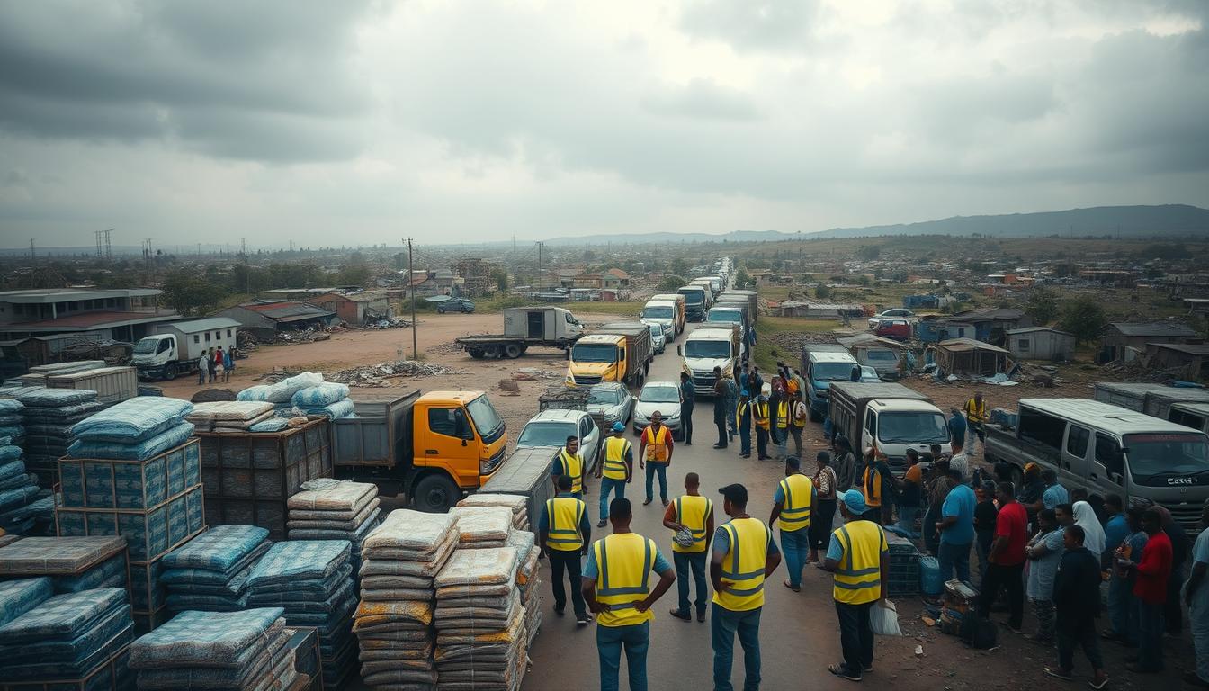An aerial view of a humanitarian aid distribution center during a disaster relief operation. The foreground shows stacks of essential supplies like food, water, and medical kits being loaded onto trucks and distributed to affected communities. In the middle ground, volunteers in bright vests coordinate the logistics, while local residents queue patiently to receive assistance. The background depicts a devastated landscape with damaged buildings and debris, set against a somber cloudy sky. The scene conveys a sense of compassion, organization, and resilience in the face of adversity. Soft, diffused lighting and a muted color palette create an atmosphere of earnest solidarity.