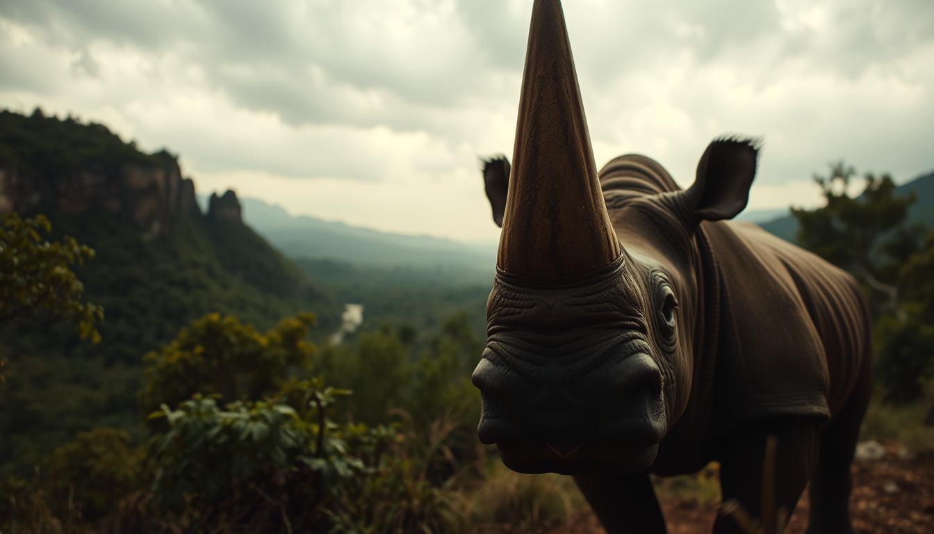 A striking cinematic composition showcasing the majestic Rhino King film. In the foreground, a dramatic low-angle shot captures the powerful presence of the rhinoceros, its horn gleaming under dramatic lighting. The middle ground reveals a captivating landscape, blending lush, verdant foliage with rugged cliffs and a moody, atmospheric sky. Camera techniques such as depth of field, framing, and strategic use of negative space create a sense of depth and cinematic grandeur. The overall mood is one of awe-inspiring wonder, inviting the viewer to immerse themselves in the cinematic world of the Rhino King.