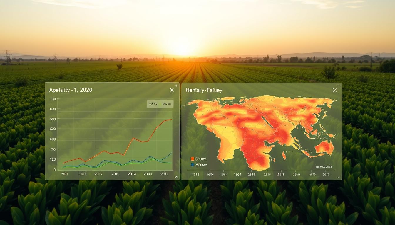 A modern data visualization dashboard showcasing key insights from a plantation's operations data. In the foreground, a detailed graph displaying crop yield and quality metrics over time, rendered in a clean, minimalist style with a warm color palette. In the middle ground, a geospatial heat map overlaying the plantation's land parcels, highlighting productivity trends and resource allocation. The background features a panoramic view of the plantation, with rows of lush, verdant crops stretching out towards the horizon under a softly lit, golden-hour sky. The overall scene conveys a sense of analytical rigor, technological sophistication, and data-driven decision making in the agricultural industry.
