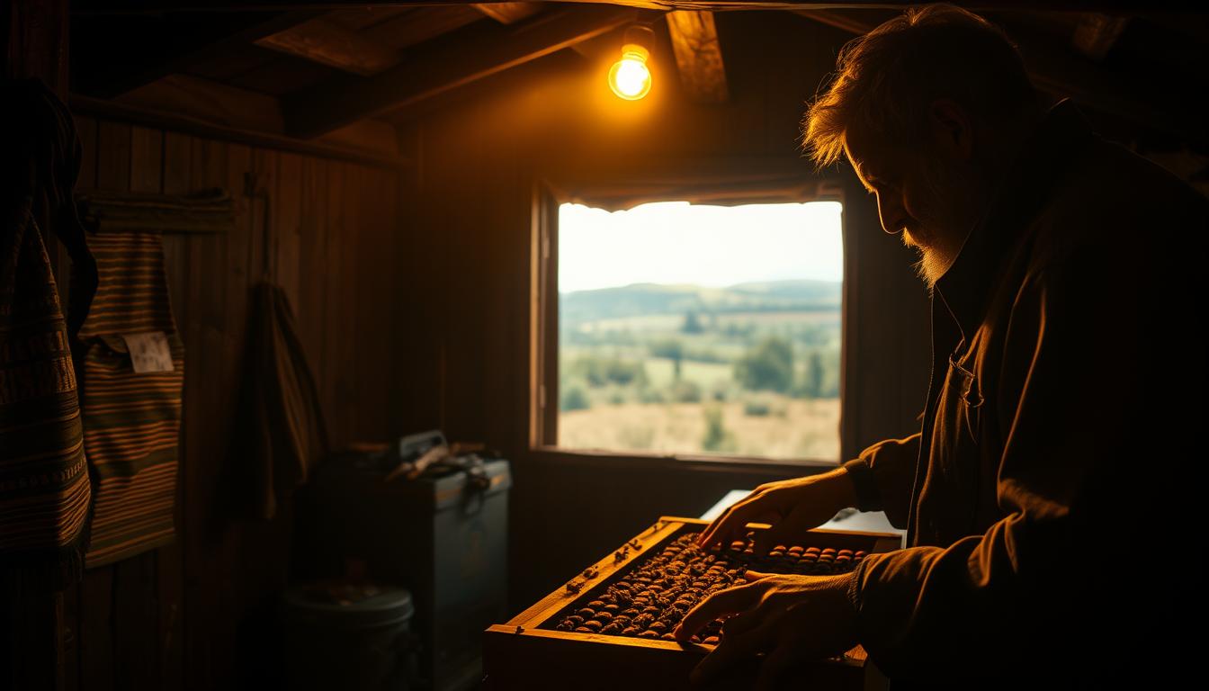 A dimly lit, rustic cabin interior, with a beekeeper tending to his hive in the foreground. Warm, golden lighting casts a soft glow, highlighting the intricate details of the wooden beehive and the beekeeper's weathered hands. In the middle ground, a window frames a picturesque countryside landscape, suggesting the beekeeper's deep connection to the natural world. The atmosphere is one of quiet contemplation and reverence for the delicate balance of the beekeeping tradition, reflecting the cultural significance explored in the film.