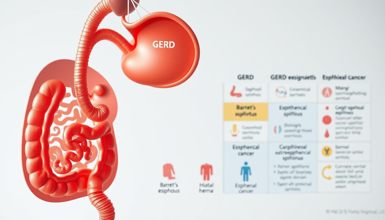 A well-lit medical diagram depicting the interrelated conditions associated with Gastroesophageal Reflux Disease (GERD). In the foreground, a detailed cross-section of the upper digestive system, highlighting the esophagus, stomach, and the lower esophageal sphincter. In the middle ground, small pictograms representing common GERD-related disorders such as Barrett's esophagus, hiatal hernia, and esophageal cancer. The background features a subtle color-coded matrix of the physiological mechanisms linking GERD to these other diseases. The overall composition conveys a sense of educational clarity and medical authority, suitable for illustrating a scholarly article on this topic.
