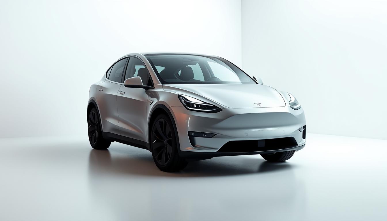 A high-resolution, photorealistic image of the Tesla Model Y electric vehicle, showcasing its sleek and modern design. The car is positioned in a well-lit, studio-like setting with a clean, minimalist background, emphasizing its striking appearance. The lighting is soft and directional, highlighting the vehicle's dynamic curves and metallic finish. The camera angle is slightly elevated, capturing the Model Y from a front-three-quarter view, allowing for a clear, detailed depiction of the car's dimensions and proportions. The overall scene conveys a sense of sophistication and technological advancement, reflecting the government's policies and initiatives towards electric vehicles in Indonesia.