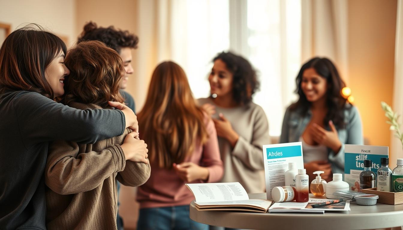 A warm, compassionate scene of support and community for individuals living with herpes simplex. In the foreground, a group of people embrace, offering comfort and understanding. Their expressions radiate empathy and a sense of shared experience. The middle ground depicts informative brochures, self-care items, and resources, signifying the availability of education and practical assistance. In the background, a softly lit room with soothing earth tones creates an atmosphere of safety and healing. Diffused lighting casts a gentle glow, conveying a sense of hope and resilience. The overall composition elicits a message of solidarity, empowerment, and the importance of accessing support networks.