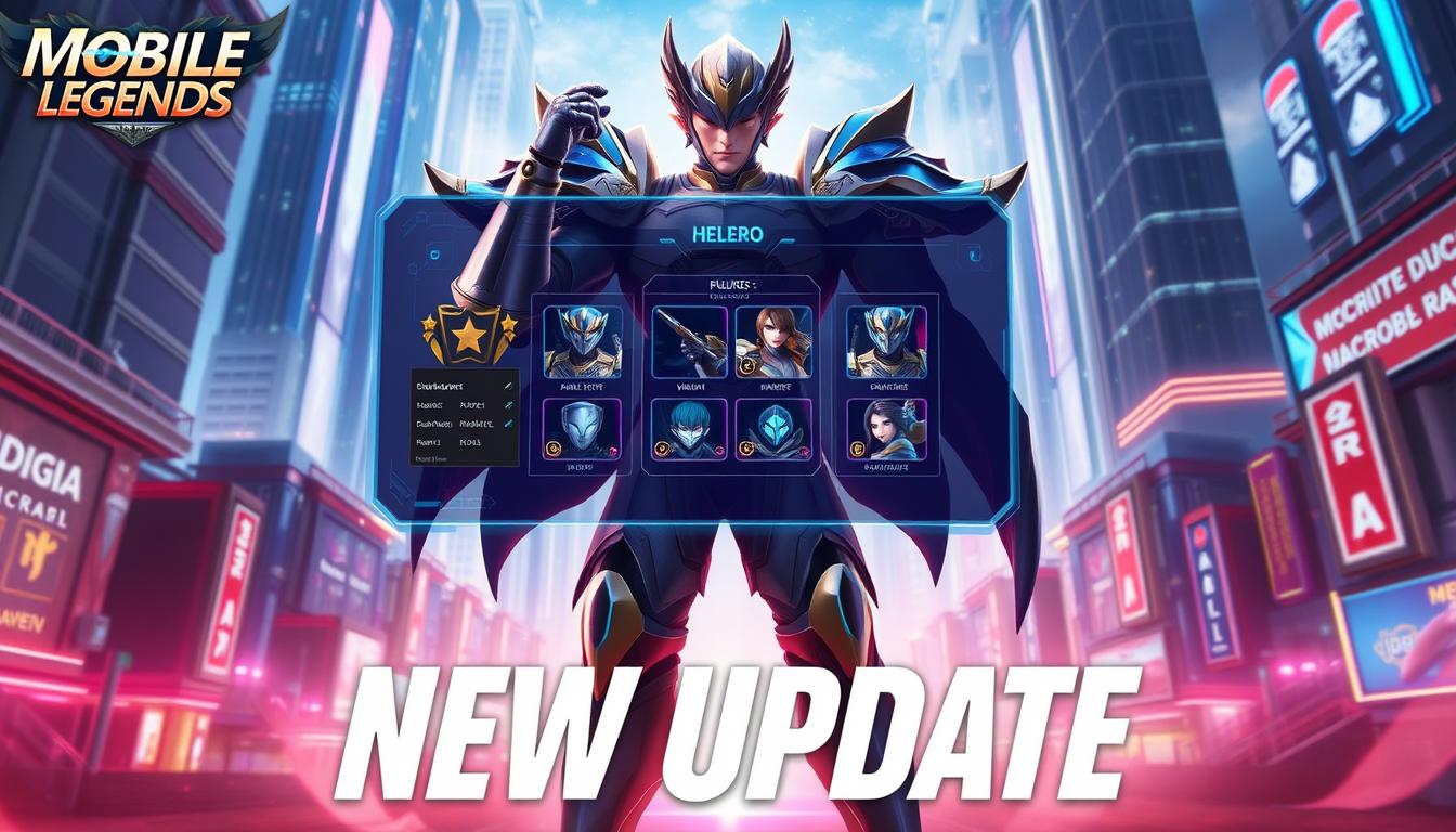 A heroic figure from the popular mobile game Mobile Legends, posed dynamically against a vibrant, futuristic backdrop. The hero stands in the foreground, their powerful stance and detailed armor capturing the essence of the new update. In the middle ground, a digital interface showcases the latest hero abilities and enhancements, the interface's sleek, holographic design complementing the hero's advanced technology. In the background, a cityscape of towering skyscrapers and neon-lit streets sets the scene, evoking the high-tech, ever-evolving world of Mobile Legends. Dramatic lighting and a cinematic camera angle lend an air of excitement and anticipation, reflecting the significant new features introduced in this update.